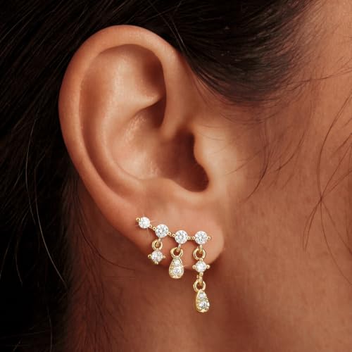 Ear Climber Earrings for Women, 14K Gold Plated/Silver Plated | Crawler Earrings Pierced with Cubic Zirconia, Hypoallergenic Cluster Stud Tragus Conch Daith Cartilage Jewelry Gift for Daily - color: Gold-6