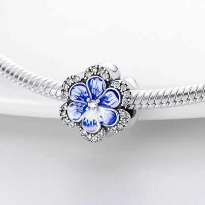 HappyStar 925 Sterling Silver Animal Dogs Charms Pendants fit Pandora Bracelets Necklaces Flowers Sports Travel Charms for Bracelets Women Jrwelry Gifts(with one Spacer Bead Charms) - style: 6-Blue Flower Beads