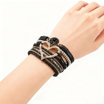Leopard Bracelet for Women, Boho Leather Wrap Multi-Layer Pearl Crystal Bracelet Bangle Jewelry - color: Heart Leather(Pearl)