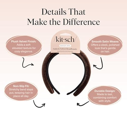 Kitsch Velvet & Satin Headbands for Women - Black & Chocolate, 2pc Set | Non Slip, Soft and Lightweight – Stylish Headbands for Girls with Chic Neutral Shades – Ideal Gifts for Women - color: Black & Chocolate