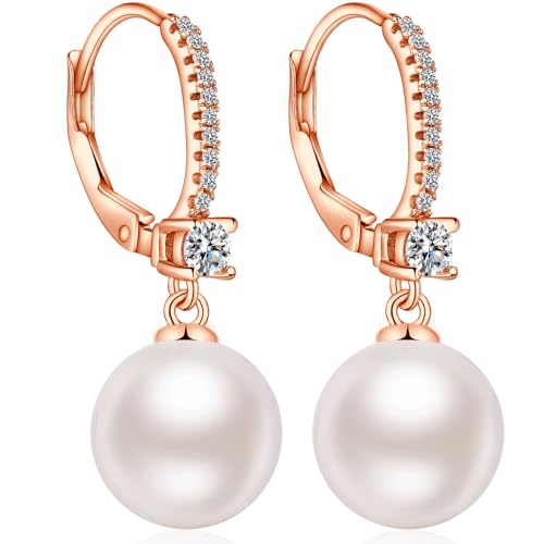 Jiamiaoi Pearl Dangle Earrings 925 Sterling Silver Pearl Earrings for Women 10mm White/Black Pearls - color: A4-Rose-10mm Pearl