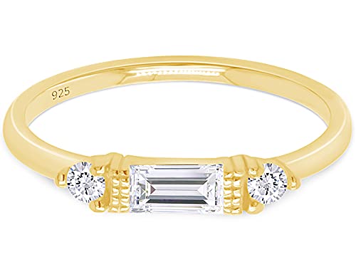 3 Stone Stackable Ring for Women with Birthstone And White Cubic Zircionia | Dainty Minimalist Ring In 14K Gold Over Sterling Silver - color: Yellow Gold : Cubic Zirconia