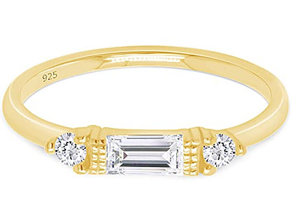 3 Stone Stackable Ring for Women with Birthstone And White Cubic Zircionia | Dainty Minimalist Ring In 14K Gold Over Sterling Silver - color: Yellow Gold : Cubic Zirconia