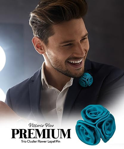 Premium Trio Cluster Flower Lapel Pin - Formal Boutonniere for Men, Flower Brooch Pin - color: Teal