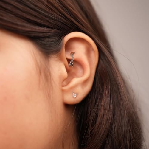 3 Pcs 316L Stainless Steel 16G Tragus Helix Rook Piercing Jewelry with Chain, Cartilage Earrings for Women, Belly Button Ring Vertical Labret Lip Piercing Jewelry - color: Silver, size: Moon