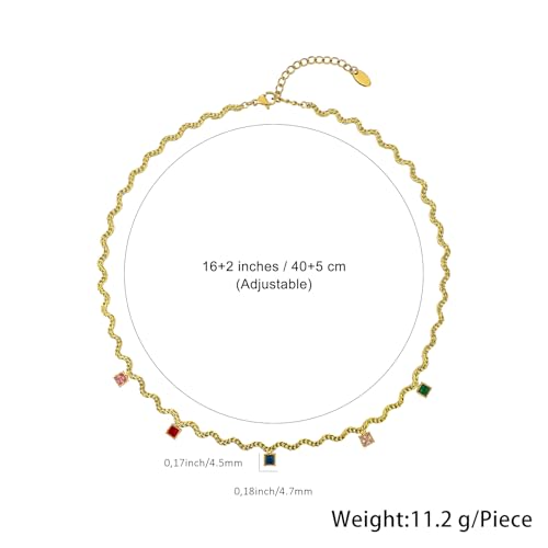 Hipunk Women Gold Plated Stainless Steel Wave Rope Chain Collar Necklace with Colorful Zirconia Flower Heart Charms Choker, Adjustable 16+2 Inch - color: square