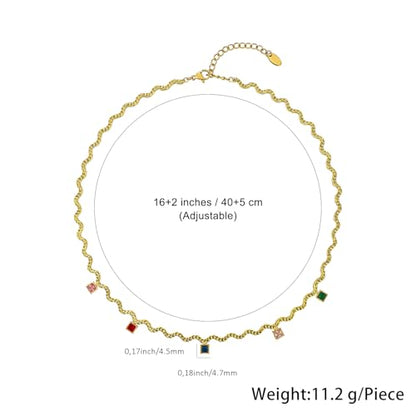 Hipunk Women Gold Plated Stainless Steel Wave Rope Chain Collar Necklace with Colorful Zirconia Flower Heart Charms Choker, Adjustable 16+2 Inch - color: square