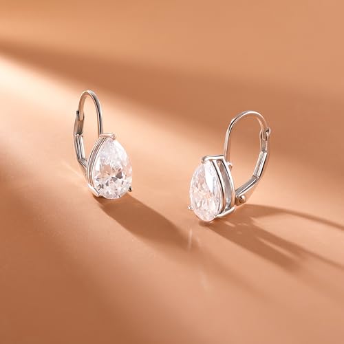 Amazon Essentials Sterling Silver or Gold Plated Sterling Silver Pear Cut Cubic Zirconia Leverback Earrings - color: Platinum