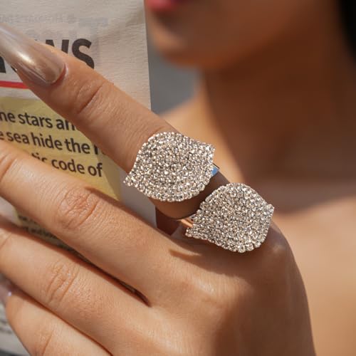 Rhinestone Finger Ring for Women Sparkly Crystal Butterfly Flower Leaf Adjustable Statement Chain Rings Punk Jewelry - color: Leaf S