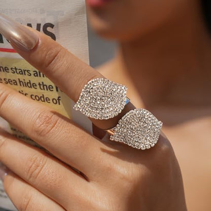 Rhinestone Finger Ring for Women Sparkly Crystal Butterfly Flower Leaf Adjustable Statement Chain Rings Punk Jewelry - color: Leaf S