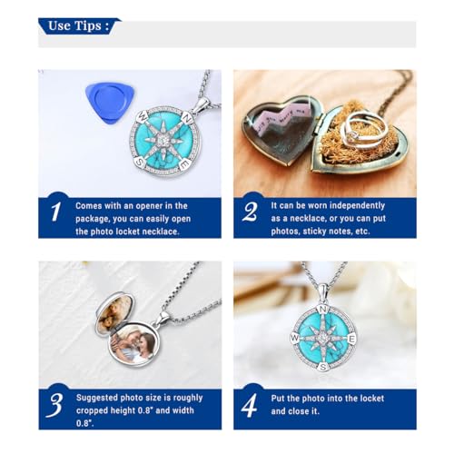 Compass Necklace for Women Men 925 Sterling Silver Pendant Urn Necklaces for Ashes Picture Locket Necklace Anchor Necklace Viking Necklace Crystals CZ Moonstone Abalone Shell Turquoise Compass Jewelry - color: Q-C-Compass Picture Locket, style: Locket