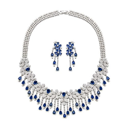 EVER FAITH Bridal Jewelry for Bride Bridesmaid, Elegant Cubic Zirconia Birthstone Cluster Flower Teardrop Wedding Party Necklace Dangle Earrings Sets for Women - color: Blue