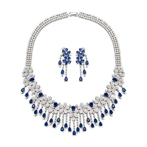 EVER FAITH Bridal Jewelry for Bride Bridesmaid, Elegant Cubic Zirconia Birthstone Cluster Flower Teardrop Wedding Party Necklace Dangle Earrings Sets for Women - color: Blue