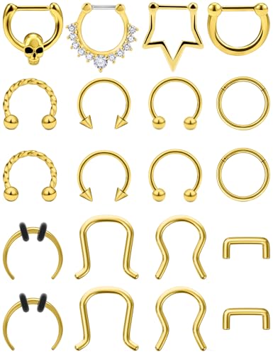 Vsnnsns 16G Septum Rings Piercing Jewelry 316L Stainless Surgical Steel Skull Flower Dangle Clicker Horseshoe Septum Nose Rings Hoop Piercing Jewelry for Women Men Silver Black Rose Gold 10mm - color: 14k Gold Filled