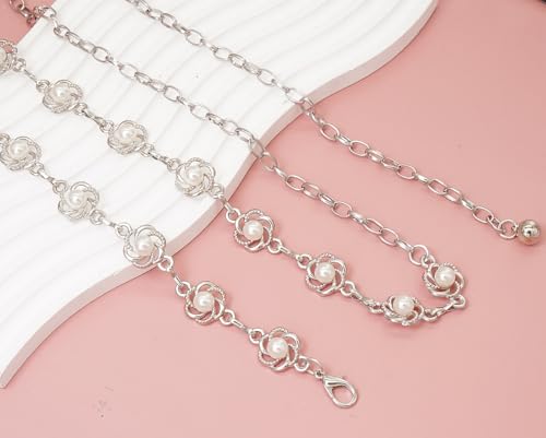 Women's Waist Chain Flower Metal Belt for Dresses Jeans | Adjustable Belly Waist Chain - color: Pearl Flower Silver, size: M: 120cm/47in