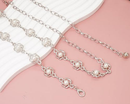 Women's Waist Chain Flower Metal Belt for Dresses Jeans | Adjustable Belly Waist Chain - color: Pearl Flower Silver, size: M: 120cm/47in