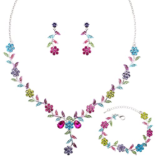 Flower Leaf Crystal Pendant Necklace Dangle Earrings Link Bracelet Bride Bridesmaid Jewelry Sets for Women Wedding Party - color: Multicolor-Platinum Plated