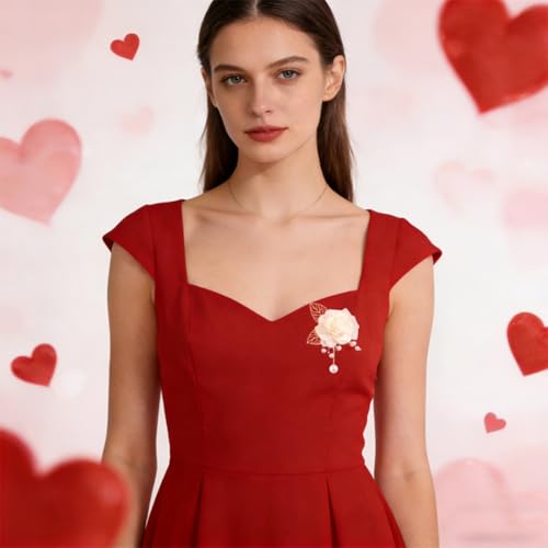 Handmade Elegant Red Rose Flower Brooch Pin for Women Crystal Pearl Fabric Flower Lapel Pin Dress Suit Accessories - color: White B