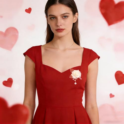 Handmade Elegant Red Rose Flower Brooch Pin for Women Crystal Pearl Fabric Flower Lapel Pin Dress Suit Accessories - color: White B