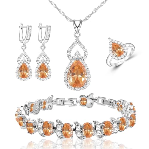 LMXXVJ Women Jewelry Set Platinum Plated Necklace Open Ring Earrings Bracelet Set,Birthday/Anniversary Mother’s Day Jewelry Gifts for Mom/Wife/Sister/Best Friend - color: Champagne