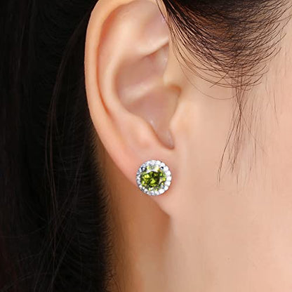 YOMELA Round Cubic Zirconia Stud Earrings for Women | Everyday Dainty, Diamond-Like Brilliance, CZ Halo Birthstone Studs, Hypoallergenic & Lightweight, Elegant & Versatile - color: Peridot