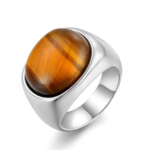 Men's Tiger Eye Square Signet Ring Stainless Steel Thumb Rings with Natural Stone for Men Jewelry Gift for Him, Size 7-12 - color: 03,Silver-tiger eye