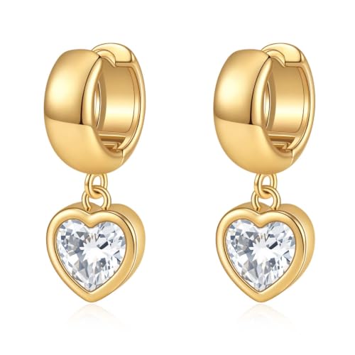 Gold Chunky Dangle Earrings for Women, Bezel Set Cubic Zirconia Charm | 14K Gold Silver Plated, Statement Huggie Hoops Drop Earrings, Trendy Jewelry Gifts, High Grade CZ, Hypoallergenic Lightweight - color: GD-Heart CZ Hoop