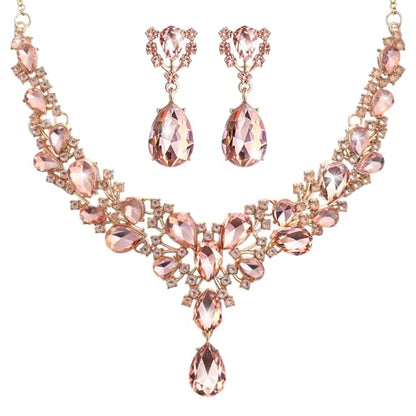 Hicarer Bridal Teardrop Cluster Crystal Jewelry Set for Women Necklace Earrings Wedding - color: Light Peach