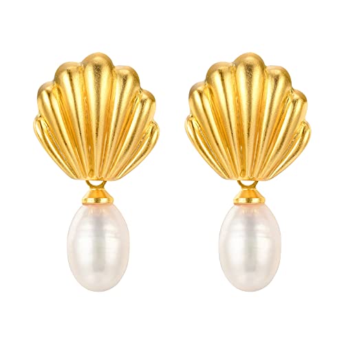 925 Sterling Silver mother shell Pearl Earrings, Women's Shell Freshwater Pearl Dangle Gold Earrings, Hypoallergenic Women's Pearl Earrings Women's Jewelry, Gifts for Mom, Girlfriend, Daughter - style: paerl earrings