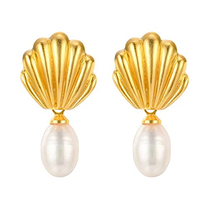 925 Sterling Silver mother shell Pearl Earrings, Women's Shell Freshwater Pearl Dangle Gold Earrings, Hypoallergenic Women's Pearl Earrings Women's Jewelry, Gifts for Mom, Girlfriend, Daughter - style: paerl earrings