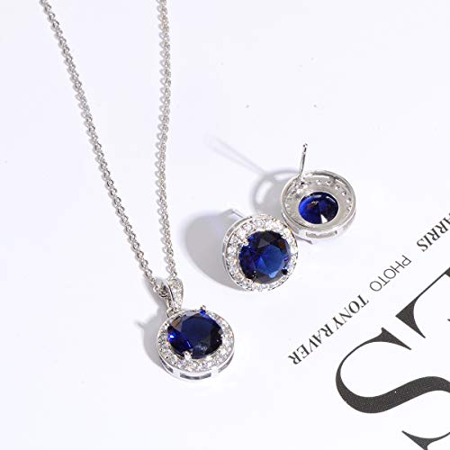 Bridal Crystal Jewelry Set - Sterling Silver Round Cubic Zirconia CZ Rhinestone Halo Birthstone Pendant Necklace Stud Earrings Set for Wedding Bride Bridesmaids Birthday Gift - color: Sapphire Blue