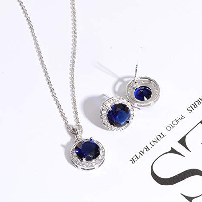Bridal Crystal Jewelry Set - Sterling Silver Round Cubic Zirconia CZ Rhinestone Halo Birthstone Pendant Necklace Stud Earrings Set for Wedding Bride Bridesmaids Birthday Gift - color: Sapphire Blue