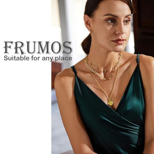 FRUMOS Dainty Layered Choker Necklace 18k gold Plated Y Pendant Commemorative coin Necklace Multilayer Bar Disc Necklace Adjustable Layering Choker Necklaces fashion jewelry for Women Girls - color: Rome Coin Necklace