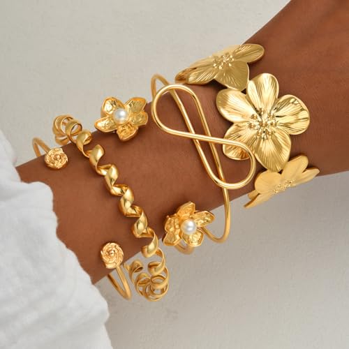 Golden Stackable Bracelets Set for Women Trendy Multi Layer Adjustable Chunk Flower Cuff Bracelet Geometric Irregular Wave Statement Bangle Glamour Stacking Cuff Jewelry - color: Gold-B
