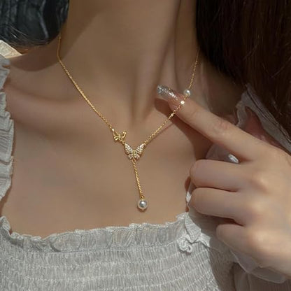 Bohemian Butterfly Pendant Necklace Teardrop Pearl Y Necklace Chain Vintage Pearl Y Lariat Necklace Pearl Y Drop Chain Necklace Gold Butterfly Sweater Chain Necklace Jewelry for Women and Te