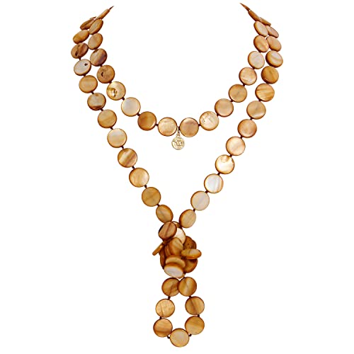 Firstmeet Flat Round Coin Shell Beads Long Knotted Necklace Natural Mother of Pearl Handmade Jewelry For Women - color: Bronze