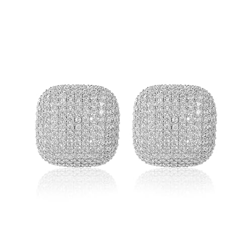 18K Gold Plated Chunky Square & Round Cubic Zirconia Stud Earrings for Women, Hypoallergenic 925 Silver Post Simulated Diamond Wedding Prom Party Bridesmaid Daily Fine Jewelry Gift for Mom Wife Friend - color: EA355-Square-Silver