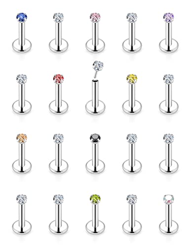 16G 18G 20G Threadless Push in Lip Rings Stainless Steel Flat Back Nose Rings Studs Tragus Helix Conch Cartilage Lobe Earrings Stud Piercing Jewelry for Women Men Diamond CZ Silver 20PCS - color: 16G-6MM Length-2MM CZ