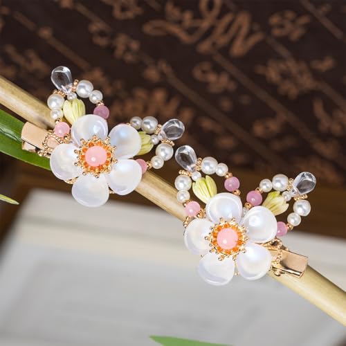 A Pair Wedding Hair Clips, Handmade Floral Design Crystal Hair Clips Pearl Barrettes, Rhinestones Flower Clips Pearl Headpieces Hair Pins Hair Accessories for Women Girls (White&Green) - color: White&Green
