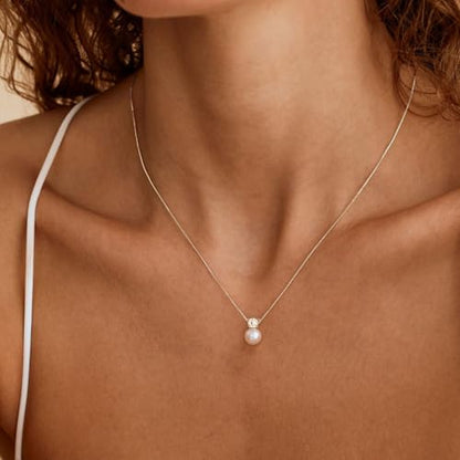 Pearl Necklaces for Women, Dainty Gold Necklace 14K Gold Plated Charm CZ Pearl Pendant Necklace Simple Gold Pearl Choker Necklaces for Women Trendy Wedding Womens Jewelry - color: CZ Pearl Necklace-silver