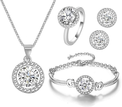 Women 4Pieces Cubic Zirconia Jewellery Set Rhinestone Necklace Earrings Bracelet Ring - color: Silver