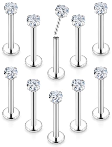 20G 18G 16G Threadless Flat Back Earrings Nose Stud 316L Surgical Steel Medusa Labret Monroe Lip Ring Tragus Forward Helix Conch Cartilage Lobe Earrings Stud Piercing Jewelry For Women Men - color: Clear CZ, size: 16G-8MM Length