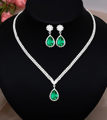 Elegant Silver Crystal Wedding Necklace Earrings Bracelet Jewelry Set for Women Brides Bridesmaids Prom Party Costume Accessory Bridal Jewelry - color: silver-emerald green