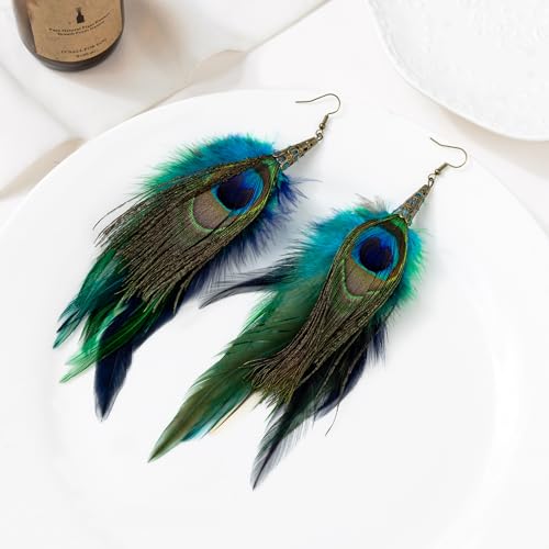 Bohemian Pheasant Peacock Long Feathers Statement Earrings Handmade Natural Lightweight Feather Dangle Earrings for Women (ea000071) - color: Peacock Blue 2