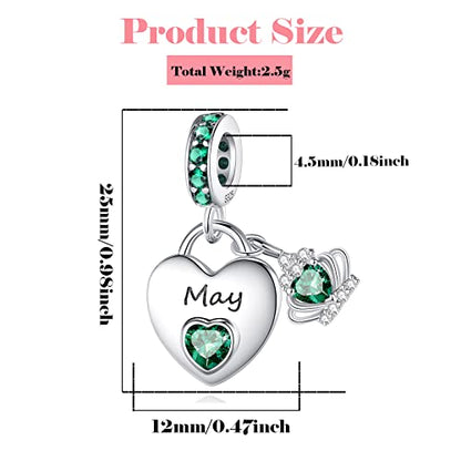 Birthstone Charms for Charms Bracelet: 925 Sterling Silver Heart Dangle Charms for Bracelets and Necklaces, Birthday Mother's Day Christmas Gifts For Women. - color: May