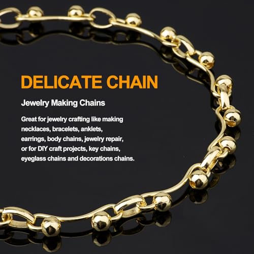 KYUNHOO 16.4FT Bulk Gold Chain for Crafting Charm DIY Jewelry Supplies | Gold Plated Jewelry Links Iron Metal Chains Bulk Light Beaded Chain for Handcrafts - color: Bead Gold