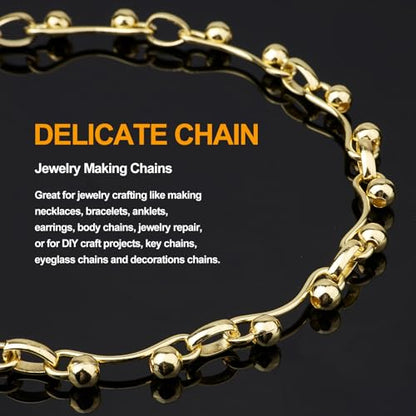 KYUNHOO 16.4FT Bulk Gold Chain for Crafting Charm DIY Jewelry Supplies | Gold Plated Jewelry Links Iron Metal Chains Bulk Light Beaded Chain for Handcrafts - color: Bead Gold