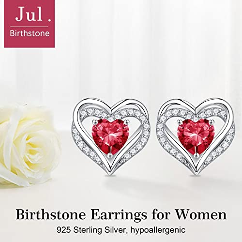 Iefil Birthstone Earrings for Women - 925 Sterling Silver Heart Stud Earrings Birthday Gifts for Women - color: 07-Jul-Created Ruby