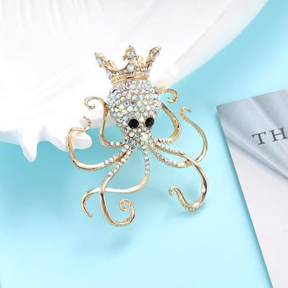 EVER FAITH Women's Austrian Crystal Lovely Octopus Animal Brooch - color: Gold-Tone Iridescent Clear AB
