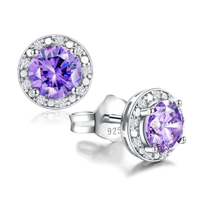 Dainty Birthstone Earrings for Women Sterling Silver Small Stud Earrings with Halo Cushion/Round Created Gemstone Earrings Birthstone Jewelry - style: B 02. Feb./created amethyst-round cut